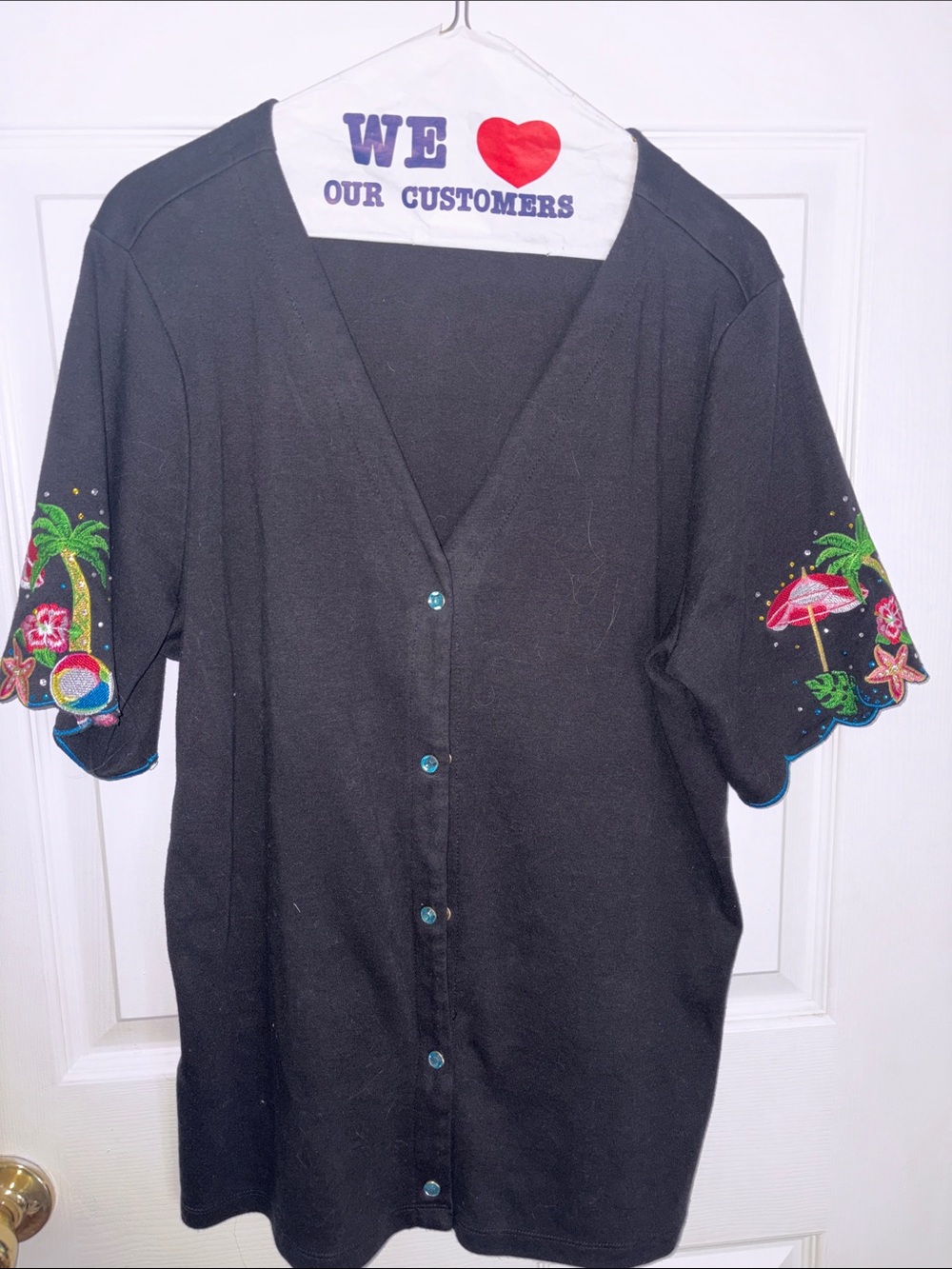Quacker Factory Black Button-Front Top with Colorful Tropical Sleeve Embroidery